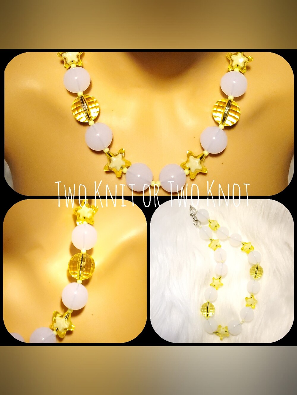 NWT Chunky White And Yellow Bubblegum Beaded Nylon Clip On Necklace Multifaceted